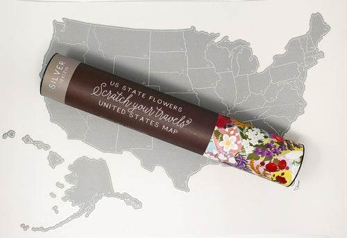 Scratch Your Travels® USA State Flowers Map 18x12" Silver