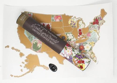 Scratch Your Travels® USA State Flowers Map 18x12" Gold