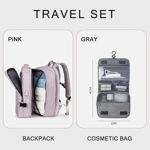 Extendable Travel Backpack With USB Pink A set 01gy