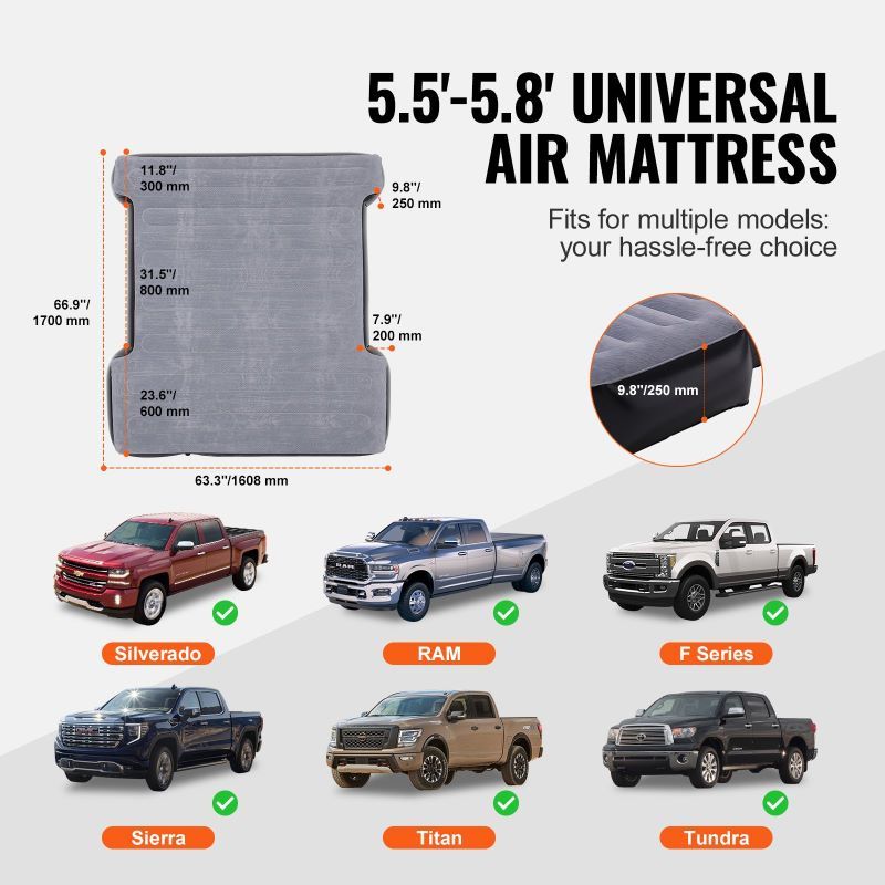 Full Size Inflatable Truck Bed Air Mattress for 5.5–5.8 ft Short Beds