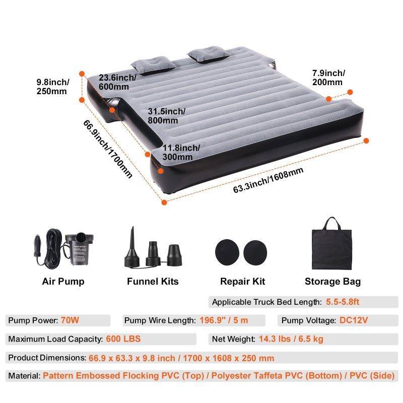 Full Size Inflatable Truck Bed Air Mattress for 5.5–5.8 ft Short Beds