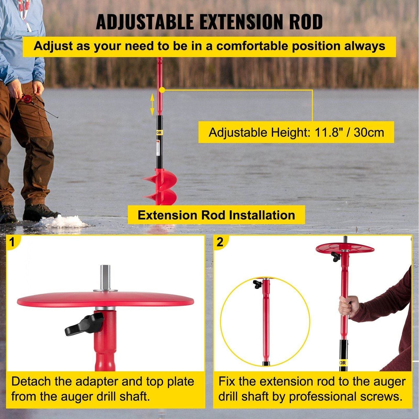 8" Nylon Ice Drill Auger with 39" Length & 11.8" Extension Rod – Red