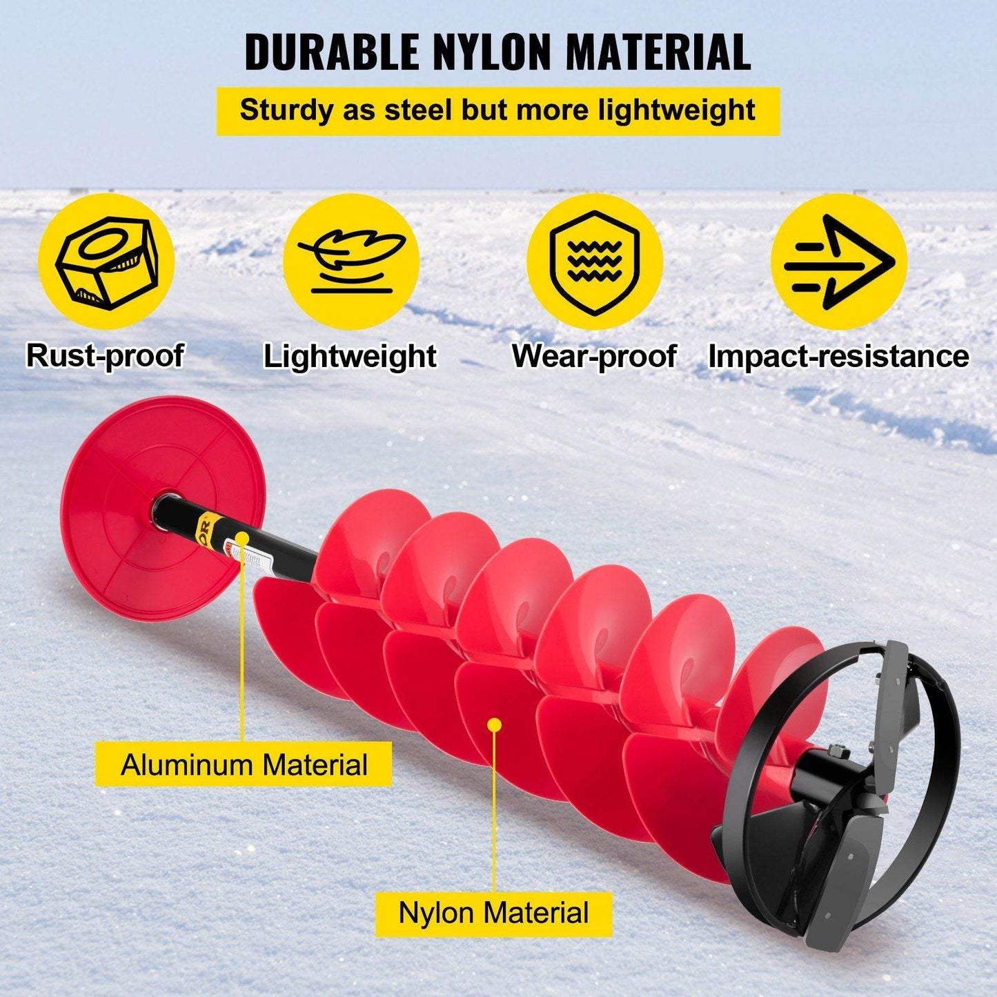 8" Nylon Ice Drill Auger with 39" Length & 11.8" Extension Rod – Red