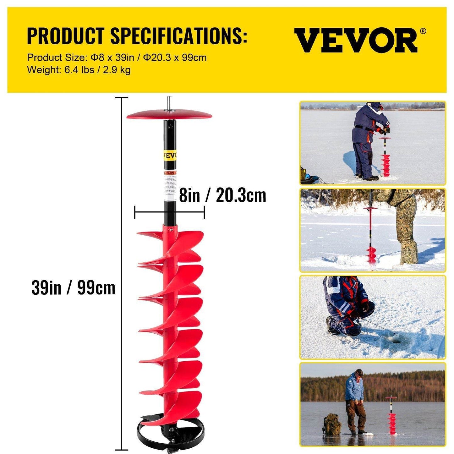 8" Nylon Ice Drill Auger with 39" Length & 11.8" Extension Rod – Red