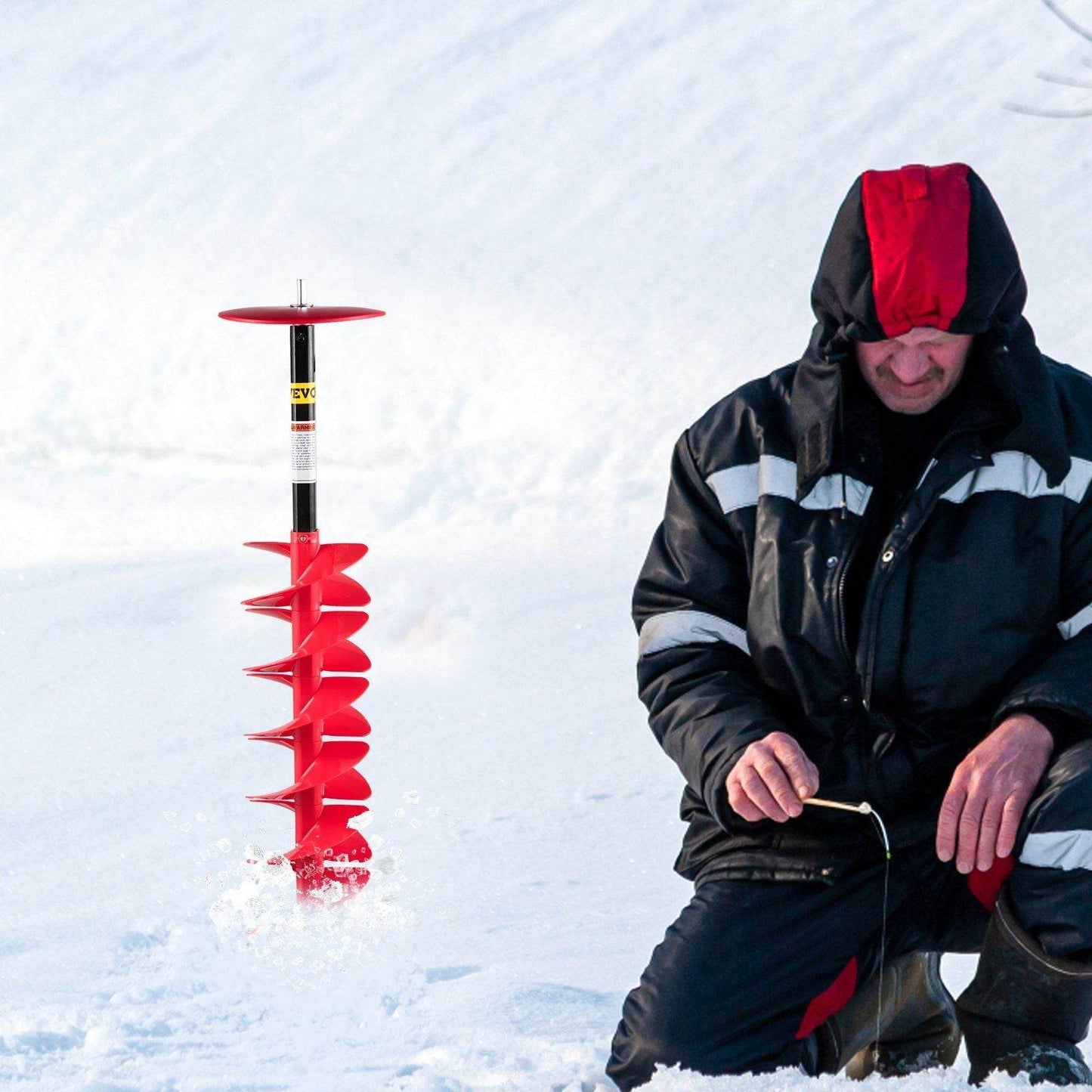 8" Nylon Ice Drill Auger with 39" Length & 11.8" Extension Rod – Red