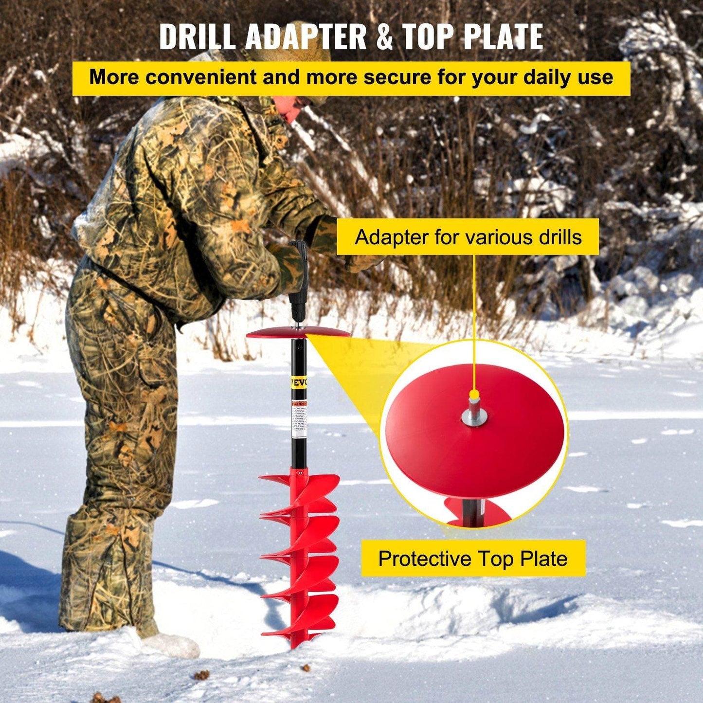 8" Nylon Ice Drill Auger with 39" Length & 11.8" Extension Rod – Red