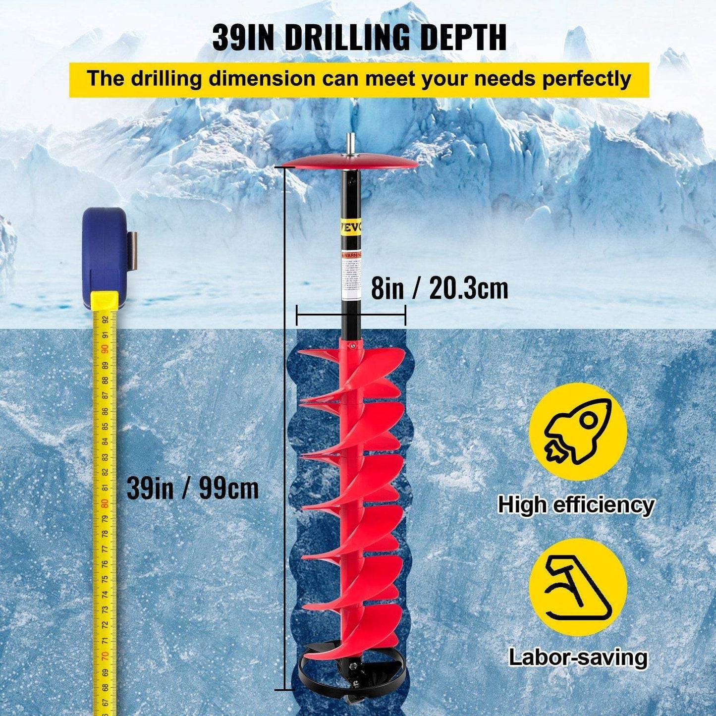 8" Nylon Ice Drill Auger with 39" Length & 11.8" Extension Rod – Red