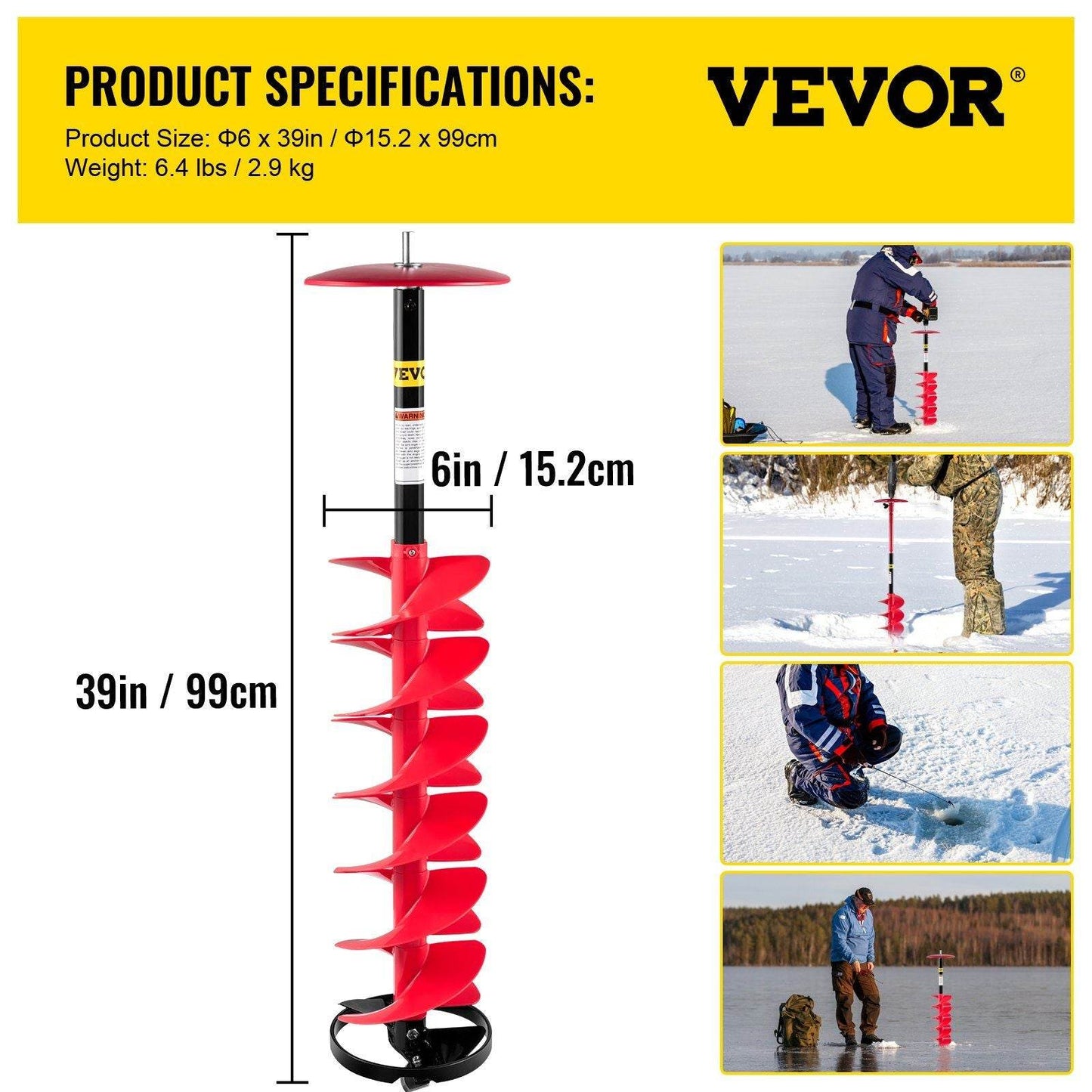 6" Nylon Ice Auger Drill with 39" Adjustable Extension Rod
