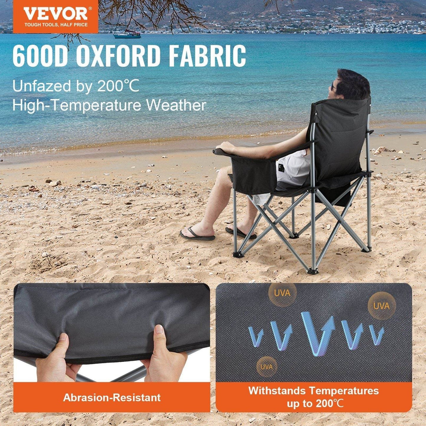 Heavy-Duty Folding Camping Chair with Cooler Bag, Cup Holder & Storage – Black
