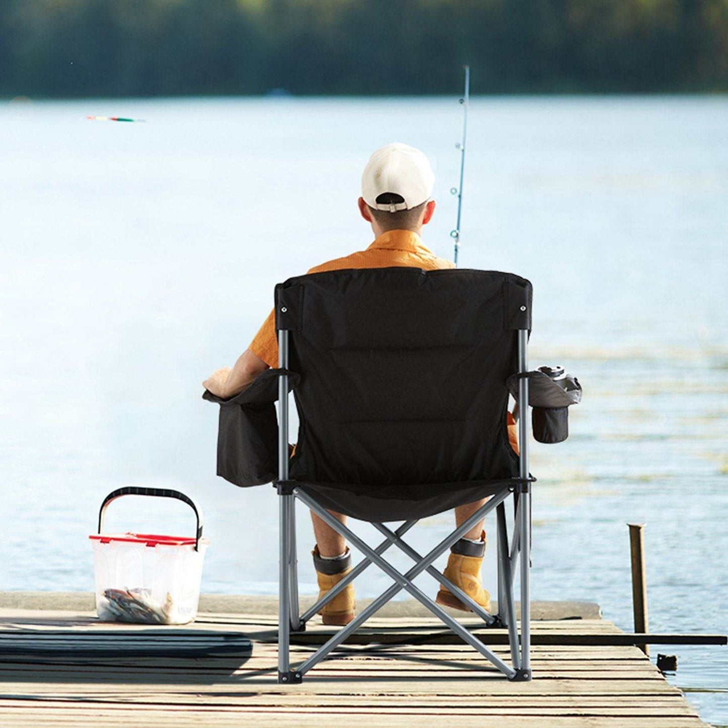 Heavy-Duty Folding Camping Chair with Cooler Bag, Cup Holder & Storage – Black