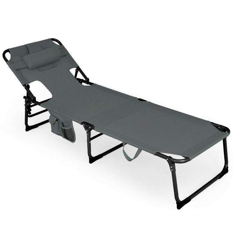 Folding Beach Lounge Chair with Pillow for Outdoor Gray