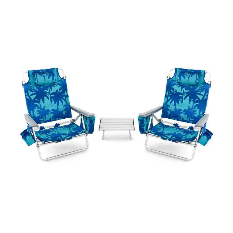 5-Position Folding Backpack Beach Chair Set with Table - Set of Two Navy