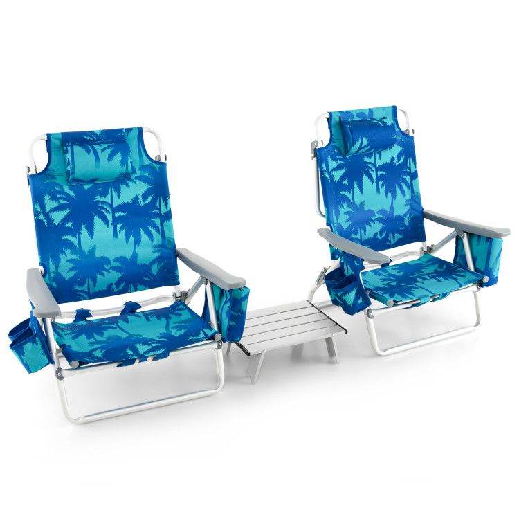 5-Position Folding Backpack Beach Chair Set with Table - Set of Two