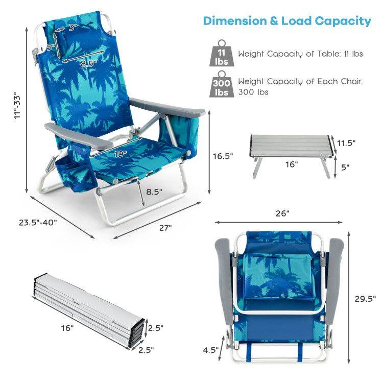 5-Position Folding Backpack Beach Chair Set with Table - Set of Two