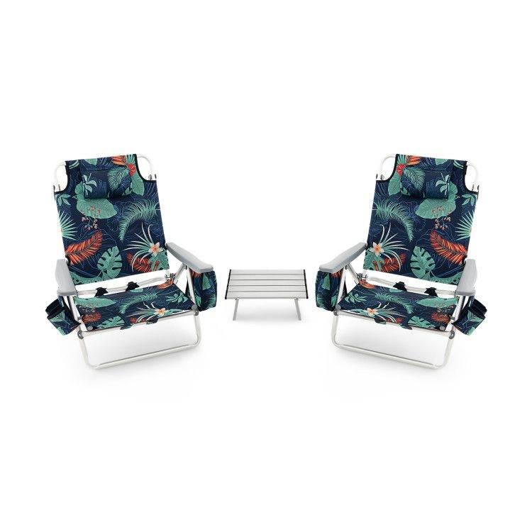 5-Position Folding Backpack Beach Chair Set with Table - Set of Two Green