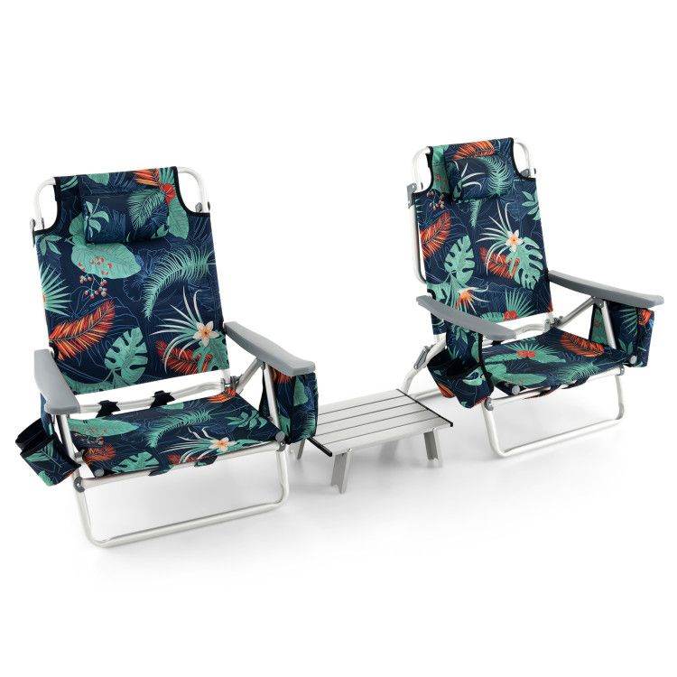 5-Position Folding Backpack Beach Chair Set with Table - Set of Two