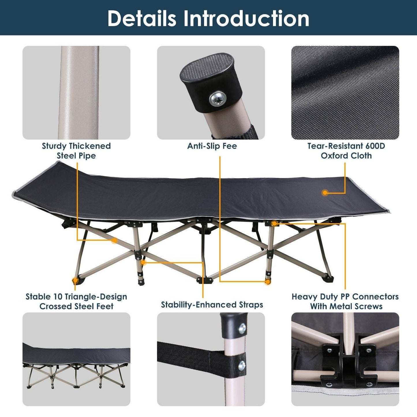 Folding Camping Cot with 2-Sided Soft Pad (440 lbs Max Load)