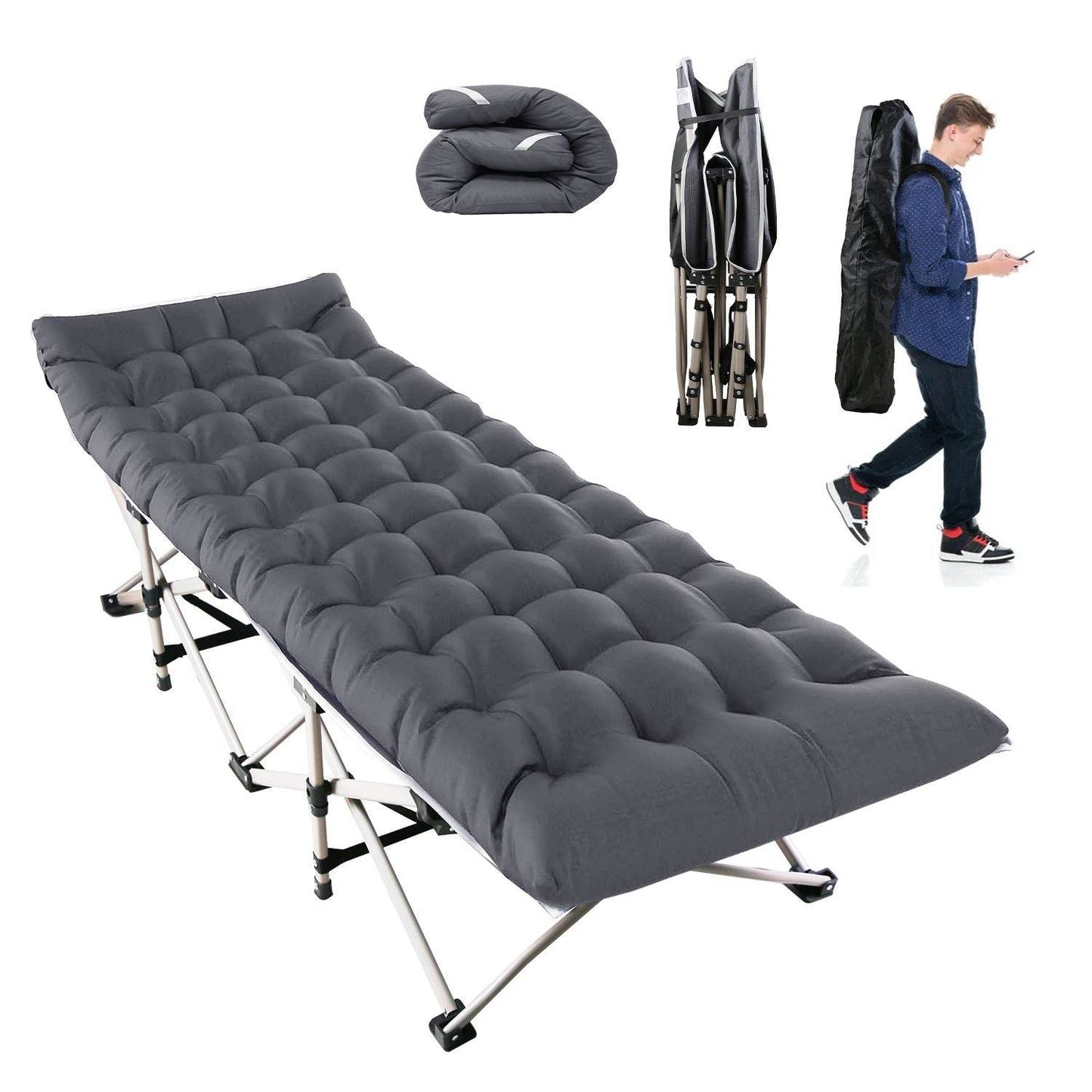 Folding Camping Cot with 2-Sided Soft Pad (440 lbs Max Load) Black