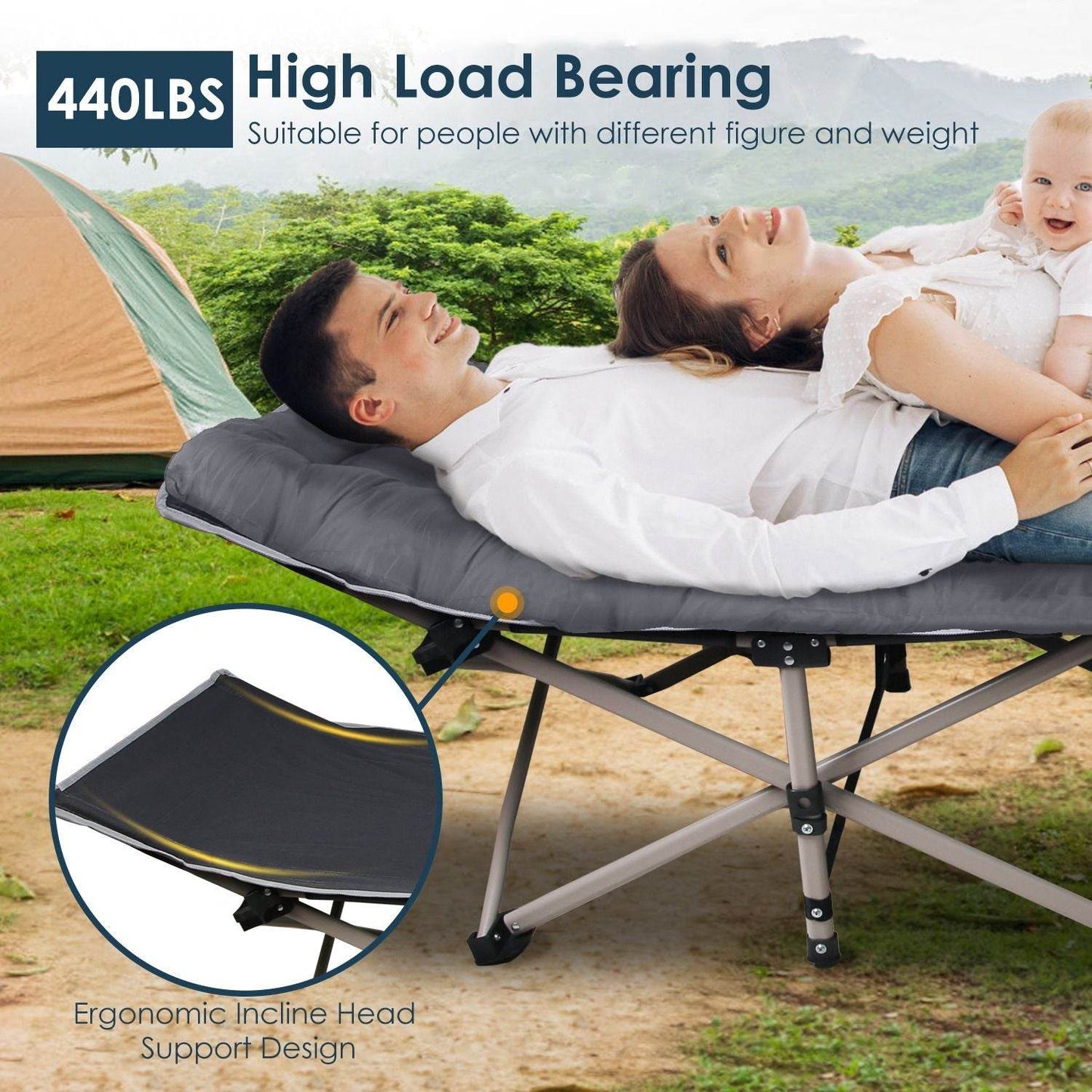 Folding Camping Cot with 2-Sided Soft Pad (440 lbs Max Load)