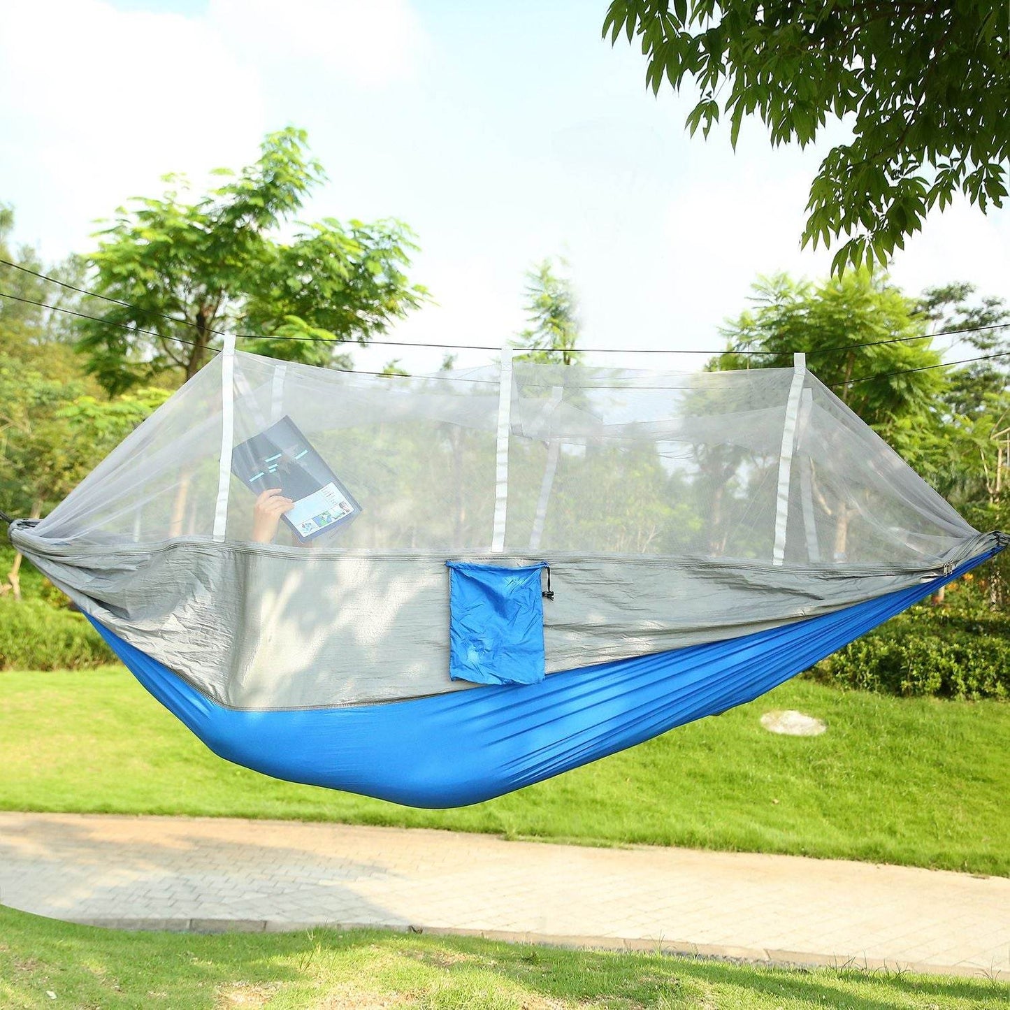 Portable Double Camping Hammock with Mosquito Net Grey+Blue