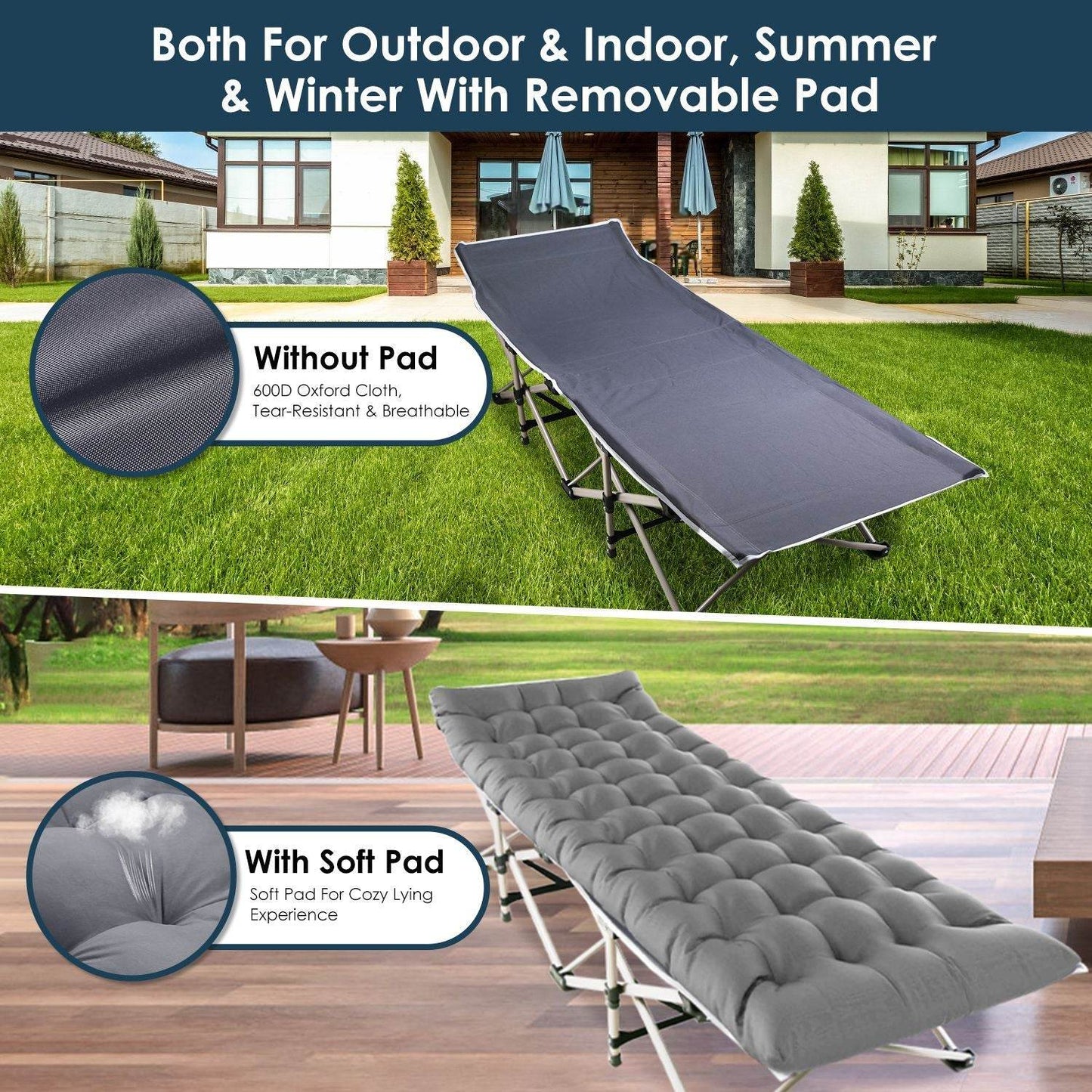 Folding Camping Cot with 2-Sided Soft Pad (440 lbs Max Load)