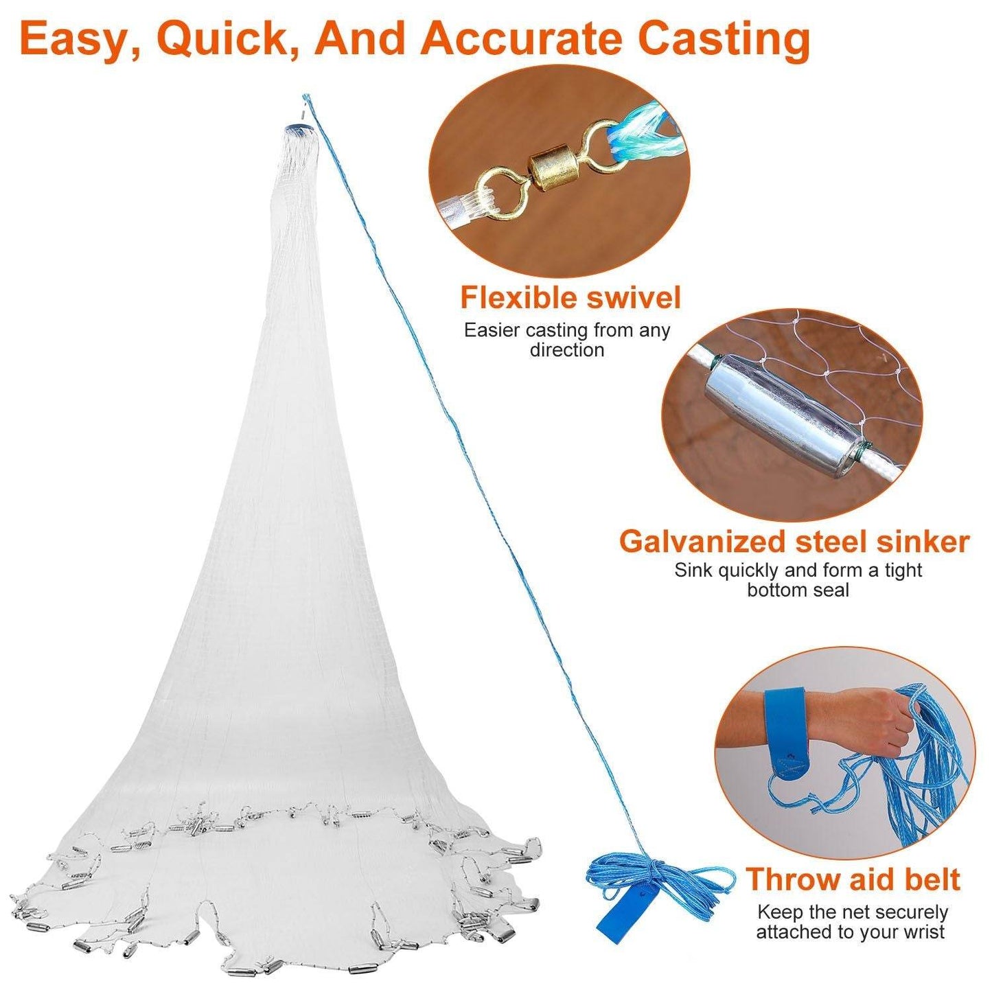 Heavy-Duty Hand Cast Fishing Net with Chain Sinker