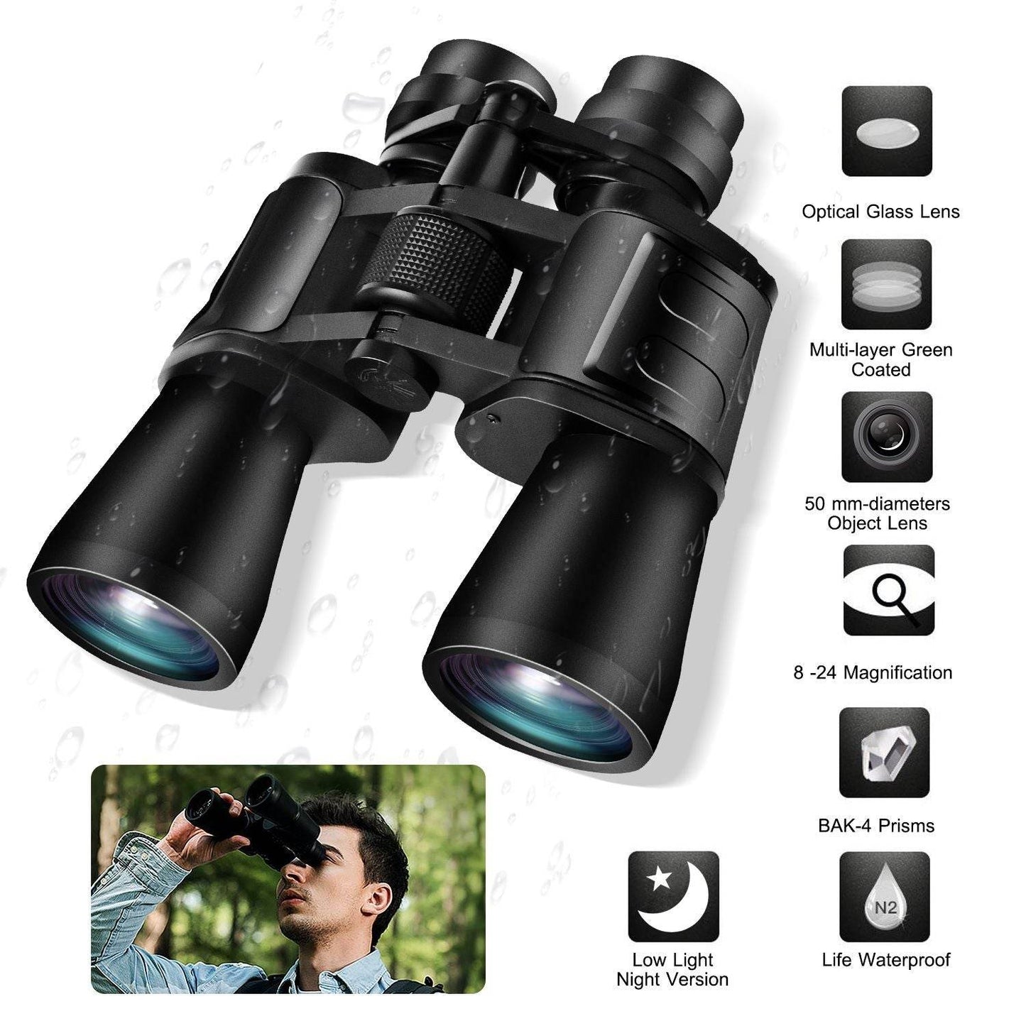 Portable Zoom Binoculars with FMC Lens and Low Light Night Vision