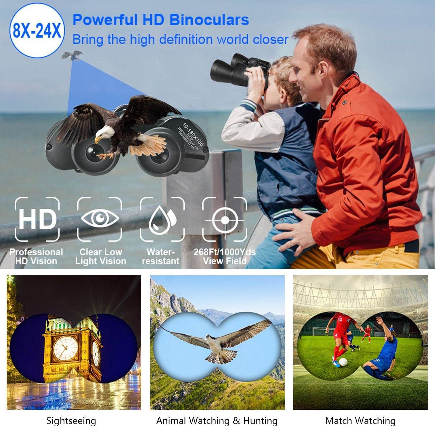 Portable Zoom Binoculars with FMC Lens and Low Light Night Vision