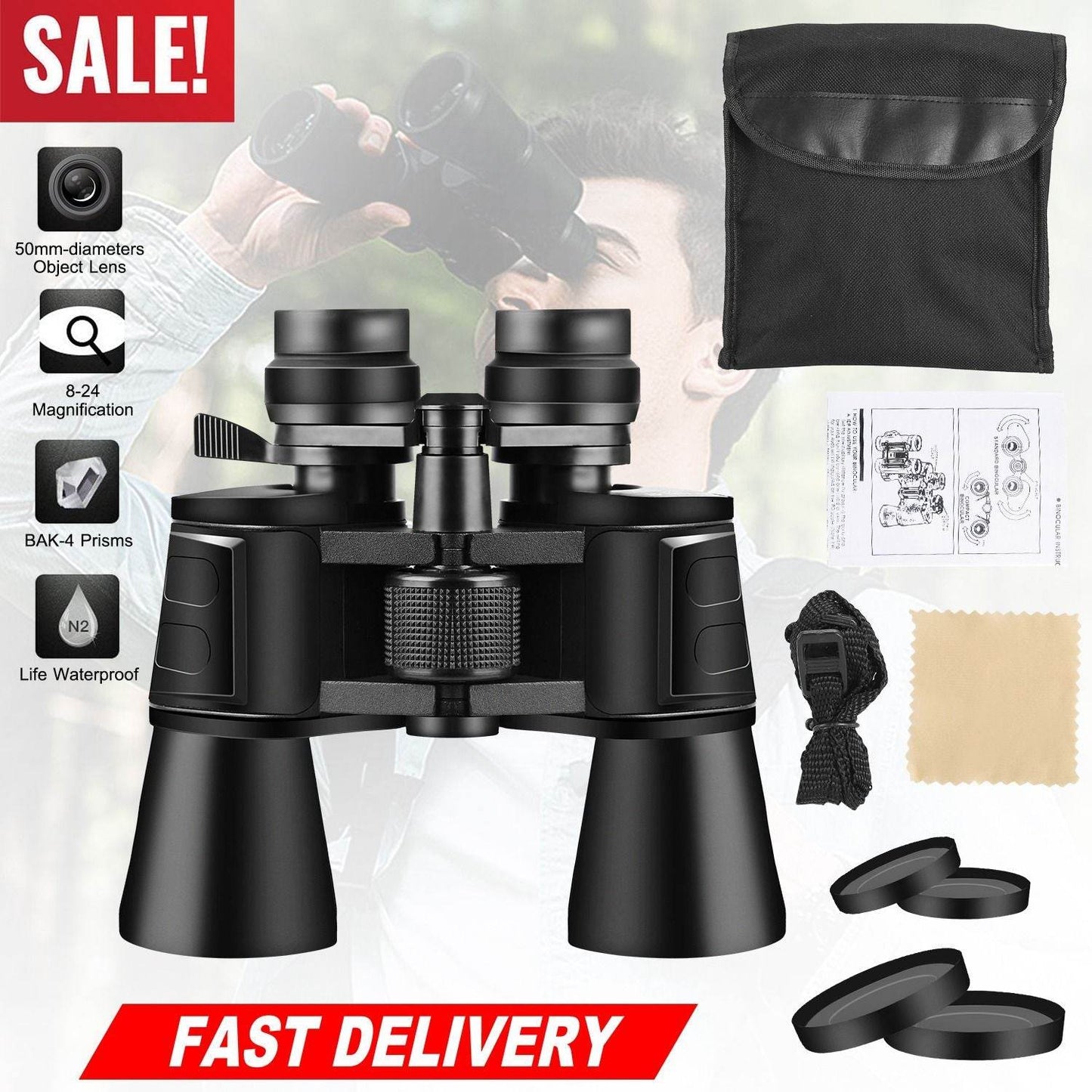 Portable Zoom Binoculars with FMC Lens and Low Light Night Vision Black