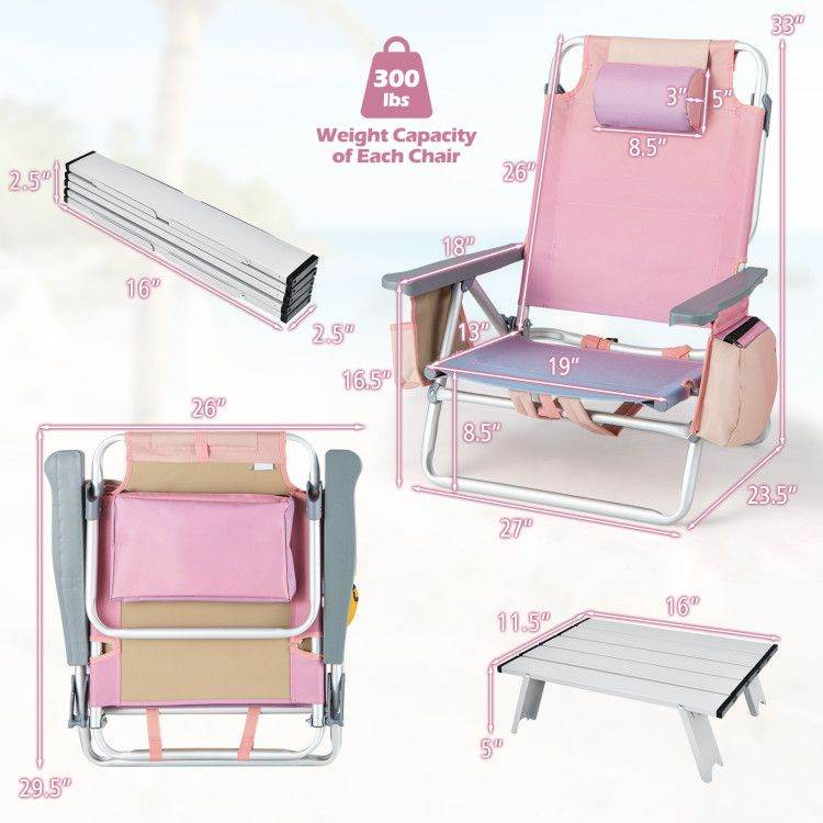 2-Pack 5-Position Folding Backpack Beach Chairs