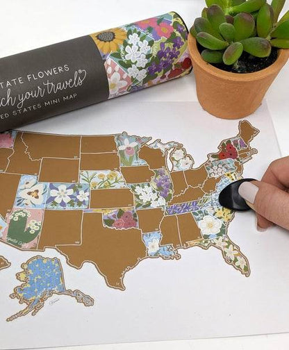 Scratch Your Travels® USA State Flowers Map 10x8" Gold