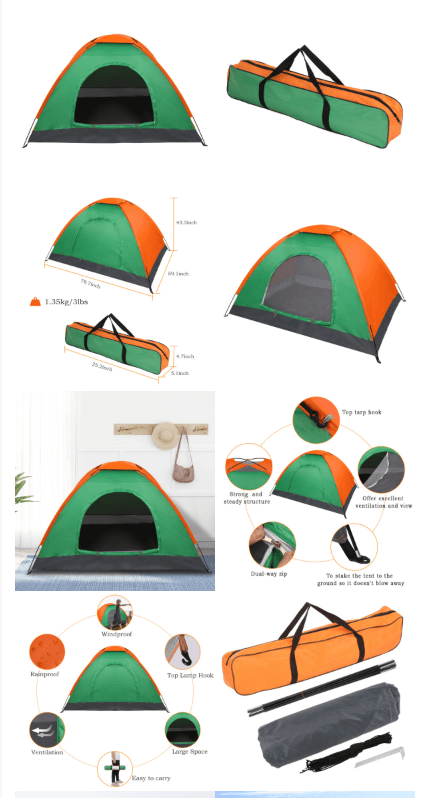 2-Person Waterproof Camping Dome Tent – Orange & Green