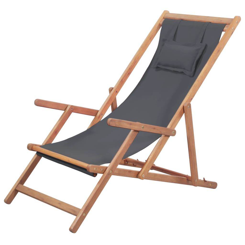 Gray Folding Beach Chair with Fabric Seat and Wooden Frame