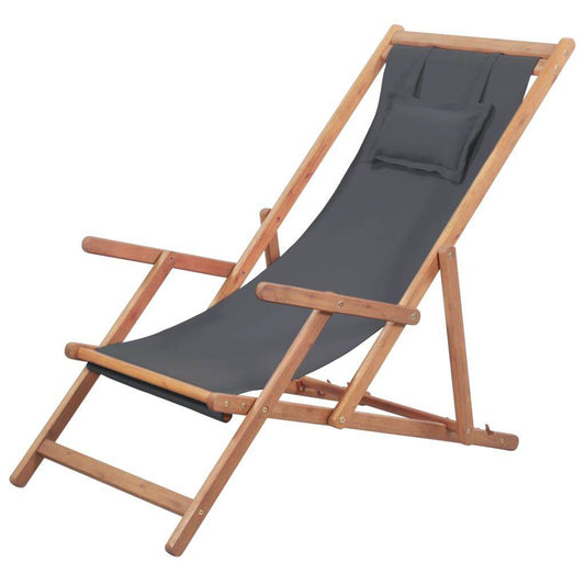 Gray Folding Beach Chair with Fabric Seat and Wooden Frame