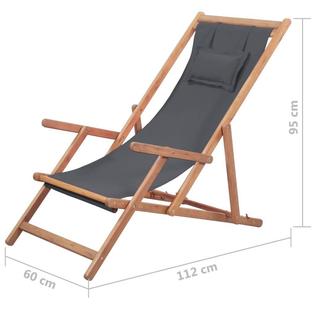 Gray Folding Beach Chair with Fabric Seat and Wooden Frame