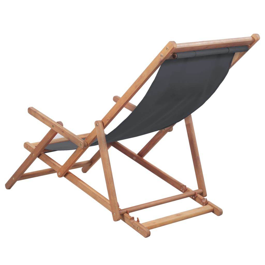 Gray Folding Beach Chair with Fabric Seat and Wooden Frame