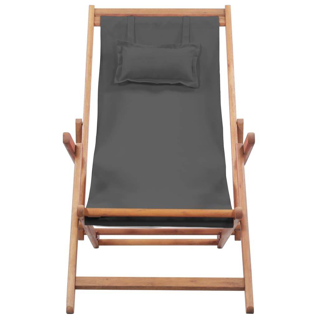 Gray Folding Beach Chair with Fabric Seat and Wooden Frame