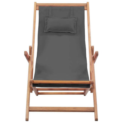 Gray Folding Beach Chair with Fabric Seat and Wooden Frame