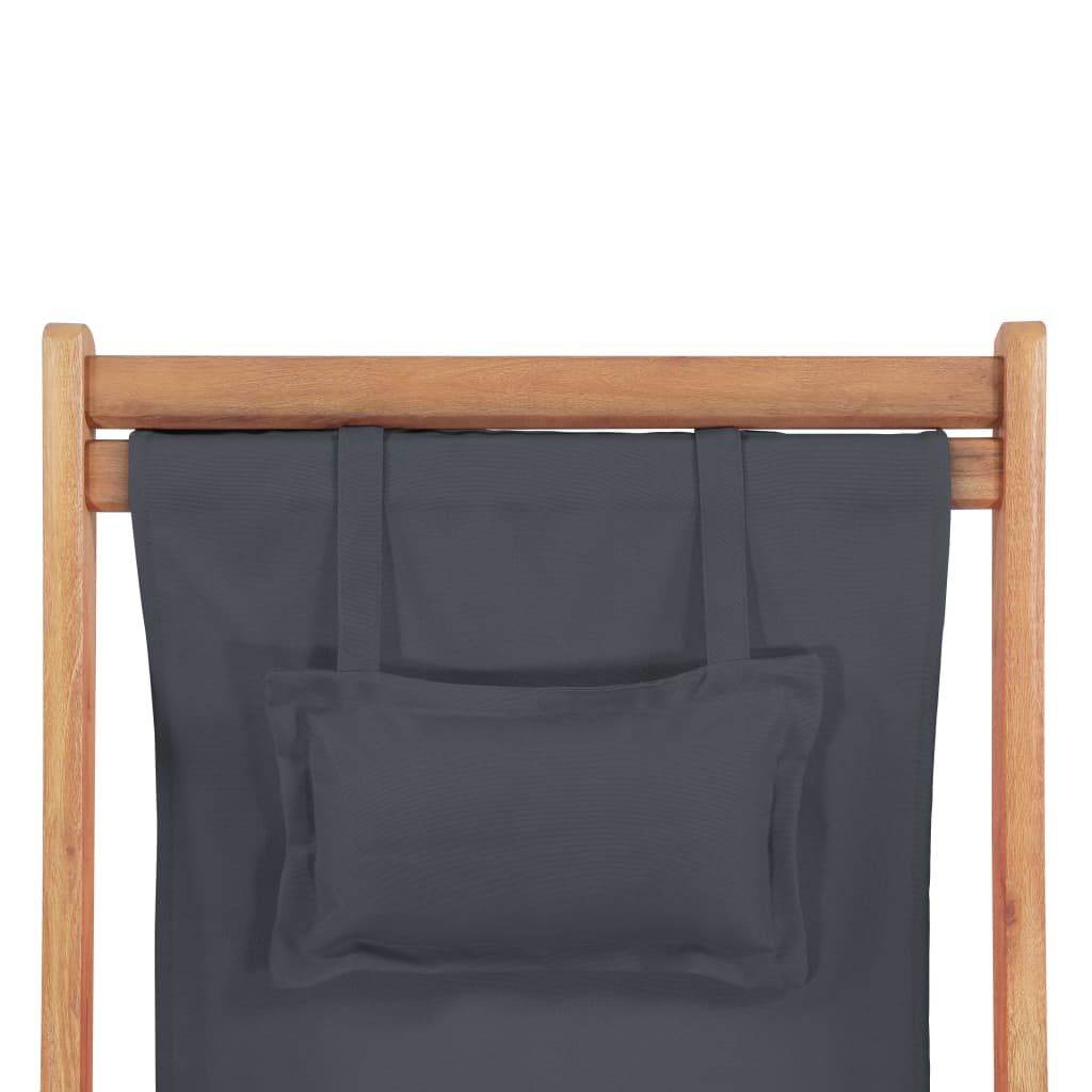Gray Folding Beach Chair with Fabric Seat and Wooden Frame