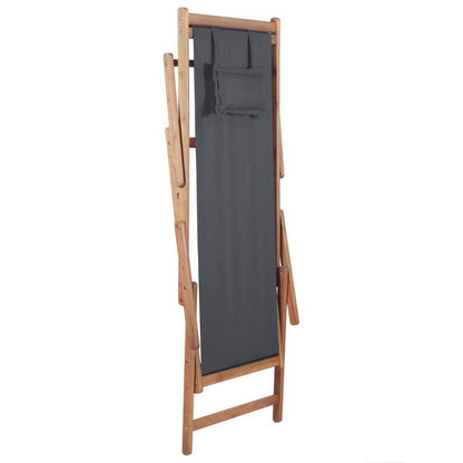 Gray Folding Beach Chair with Fabric Seat and Wooden Frame
