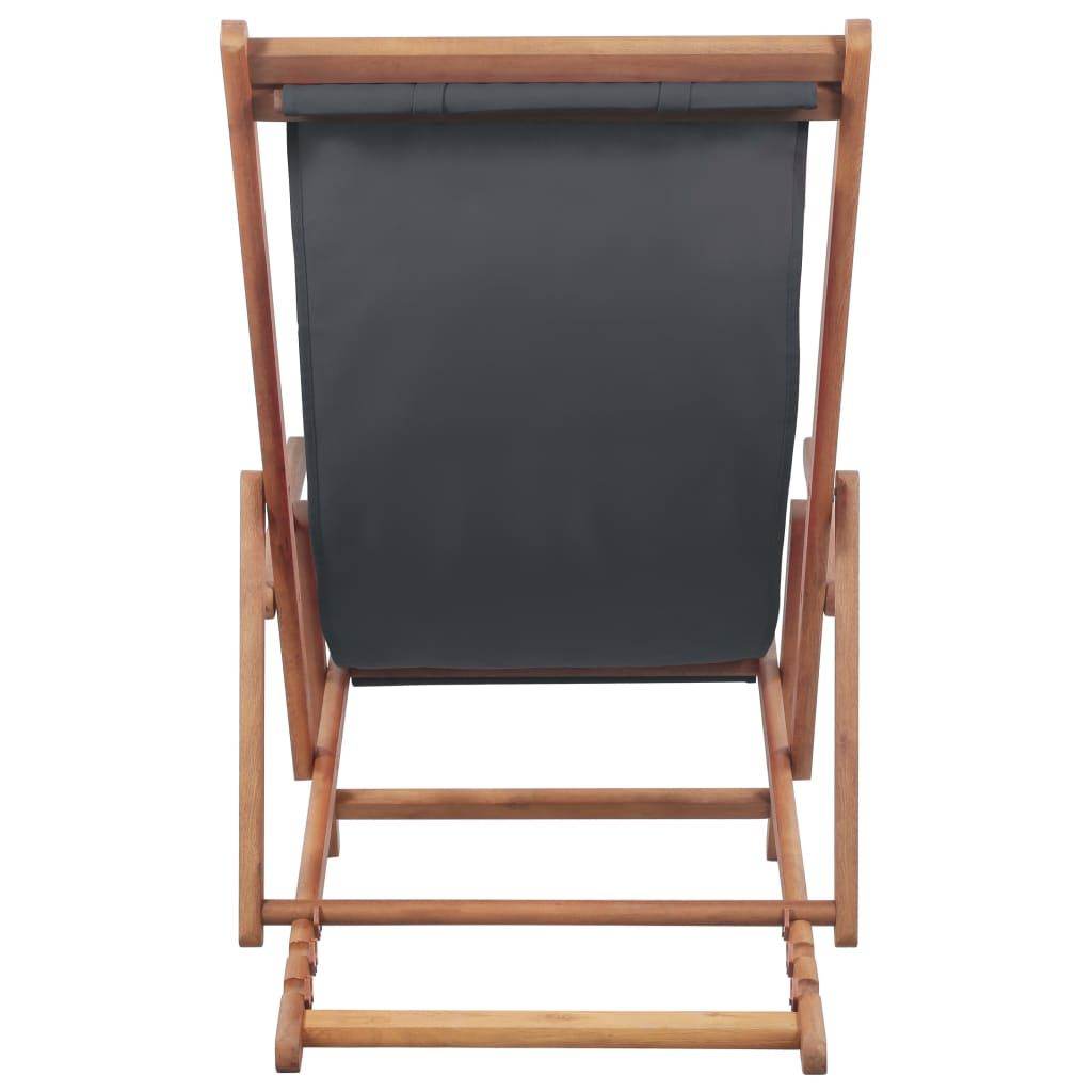 Gray Folding Beach Chair with Fabric Seat and Wooden Frame