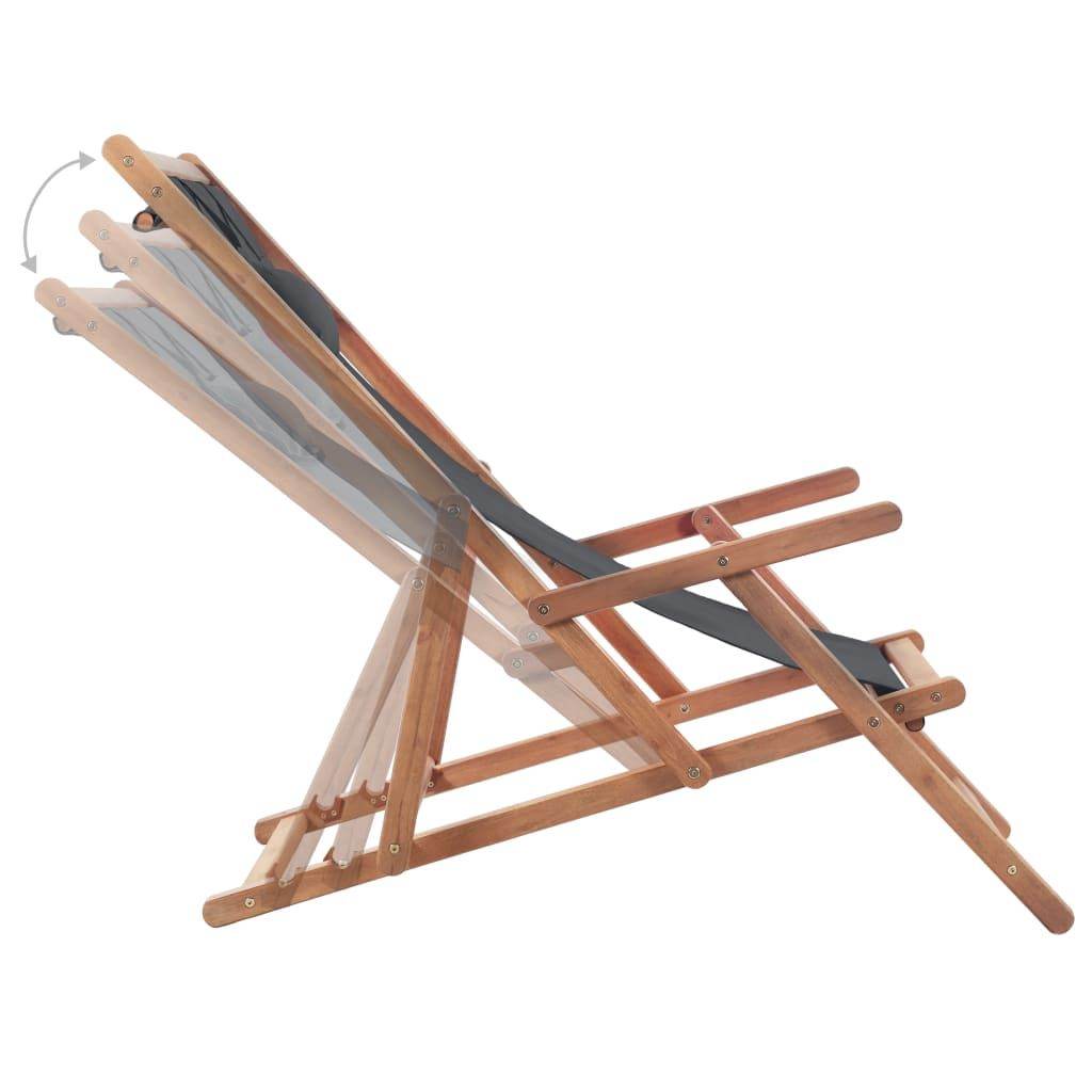 Gray Folding Beach Chair with Fabric Seat and Wooden Frame
