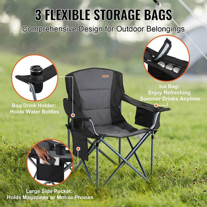 Heavy-Duty Folding Camping Chair with Cooler Bag, Cup Holder & Storage – Black