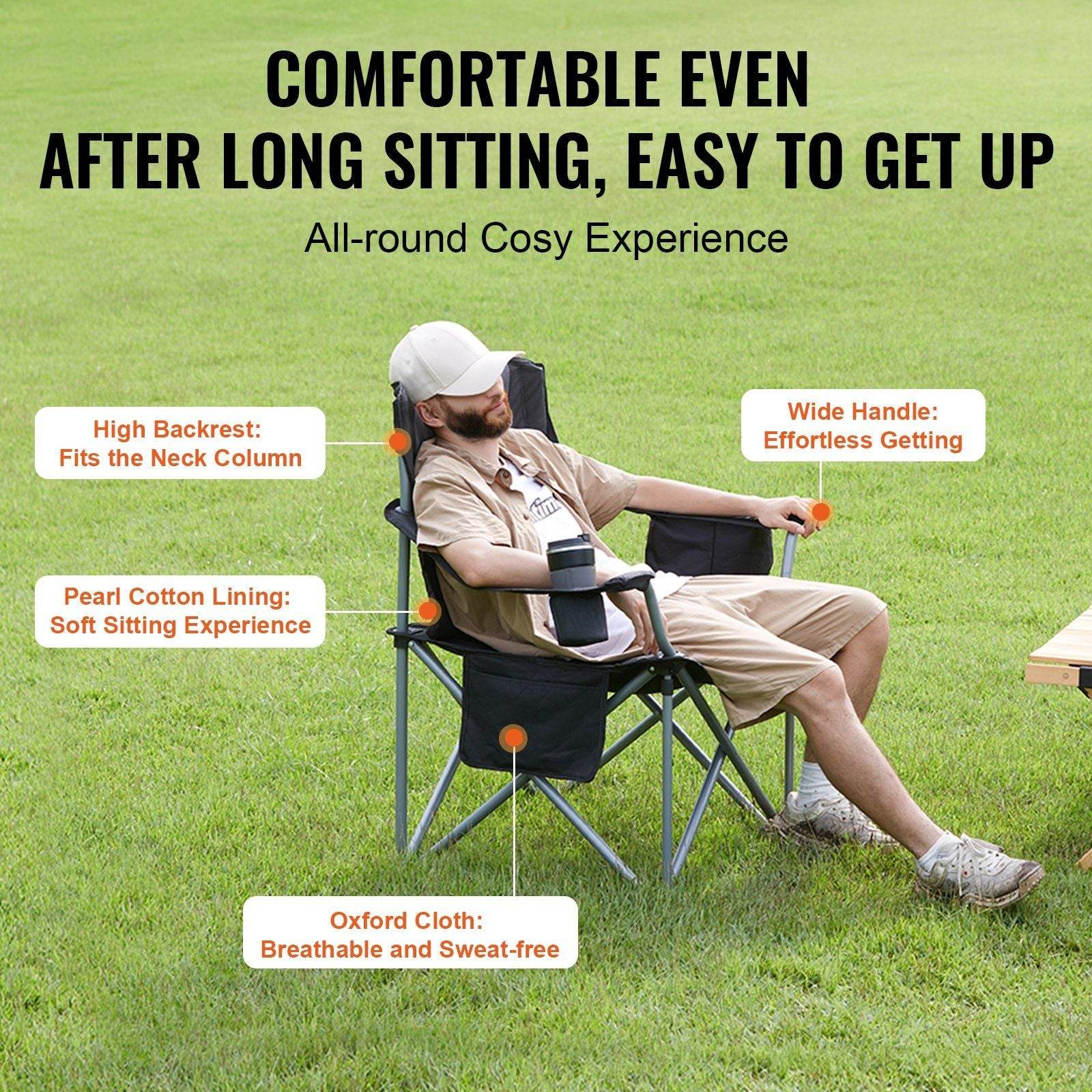 Heavy-Duty Folding Camping Chair with Cooler Bag, Cup Holder & Storage – Black