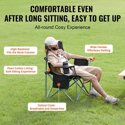 Heavy-Duty Folding Camping Chair with Cooler Bag, Cup Holder & Storage – Black