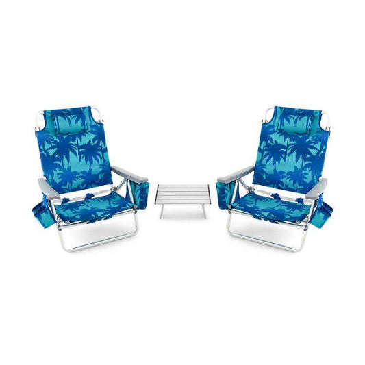 5-Position Folding Backpack Beach Chair Set with Table - Set of Two Navy