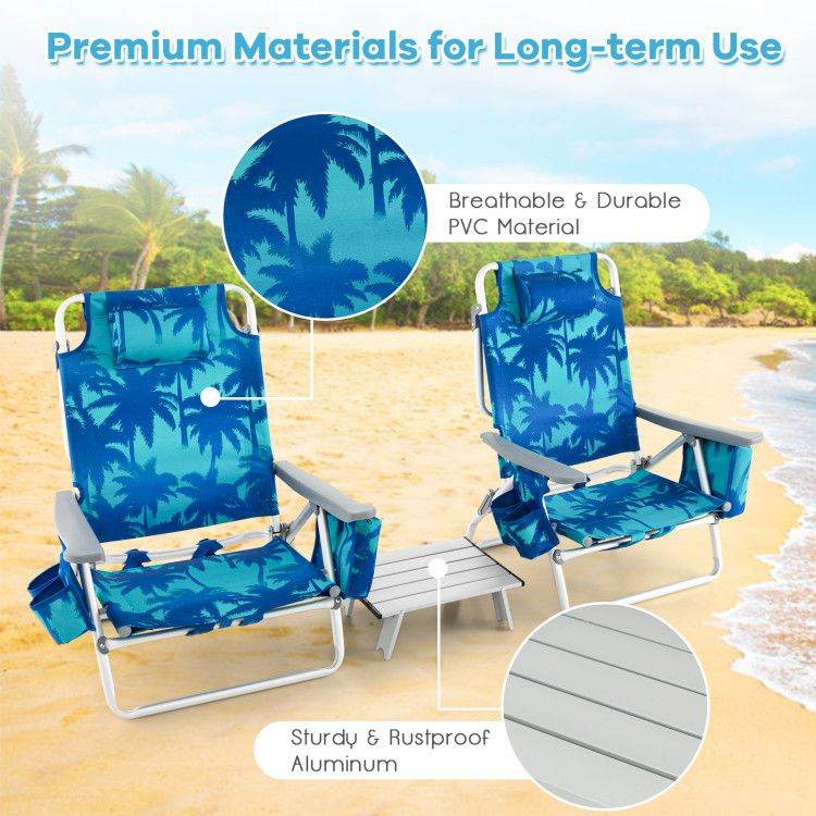 5-Position Folding Backpack Beach Chair Set with Table - Set of Two