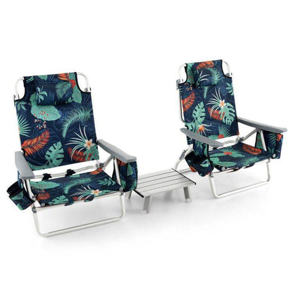 5-Position Folding Backpack Beach Chair Set with Table - Set of Two