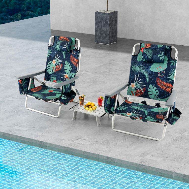 5-Position Folding Backpack Beach Chair Set with Table - Set of Two