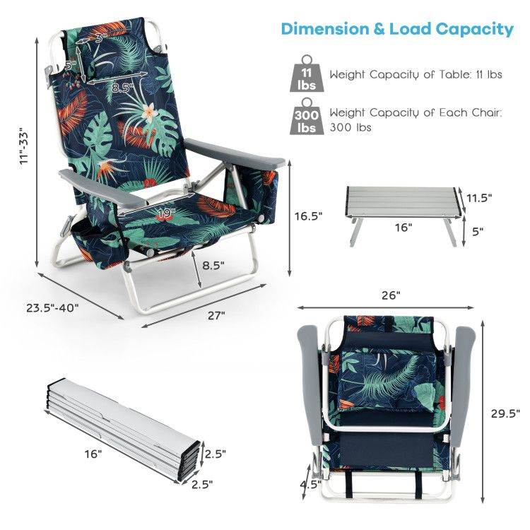 5-Position Folding Backpack Beach Chair Set with Table - Set of Two